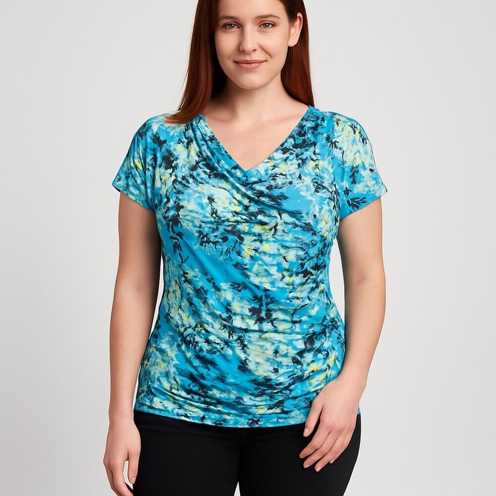 Antistar Blue Abstract Draped Neck Top – Short Sleeve Ruched Sides, Size M